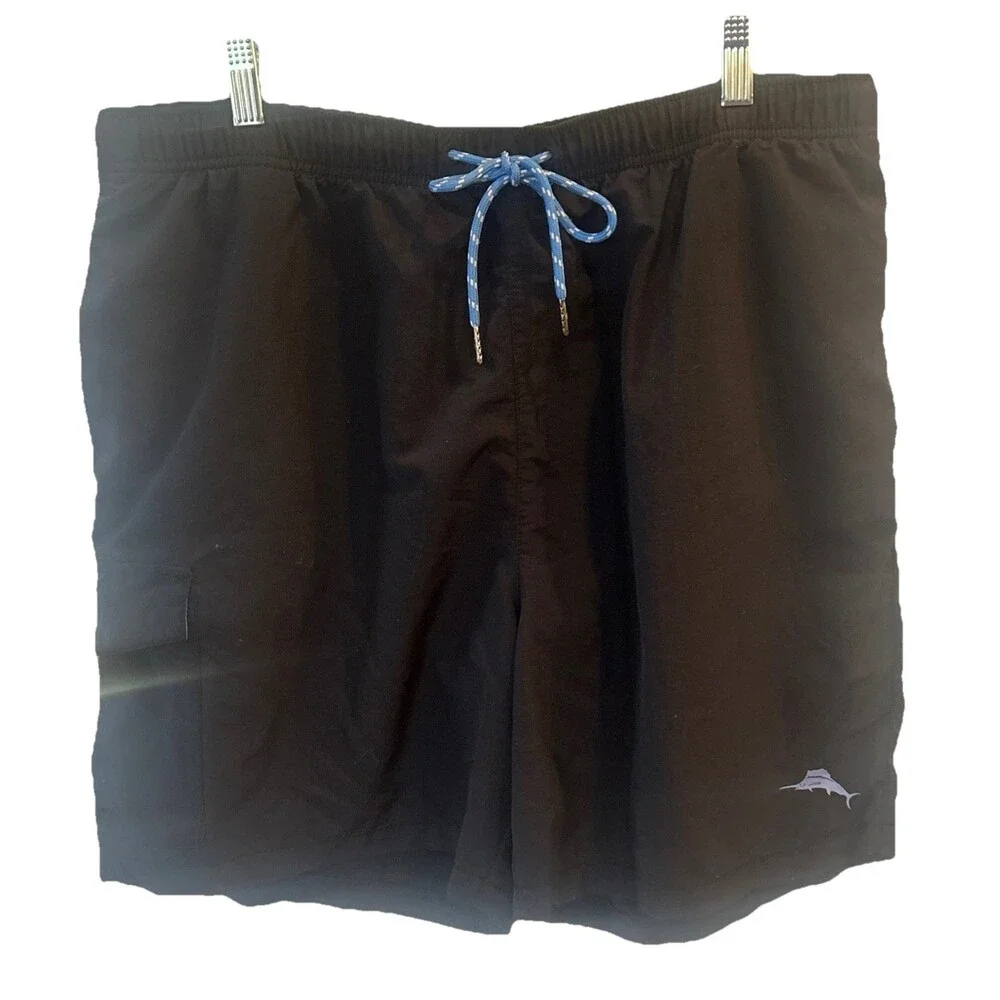 Tommy Bahama RELAX Swim Trunks Shorts Men XL Black Elastic Waist Mesh Lined Logo